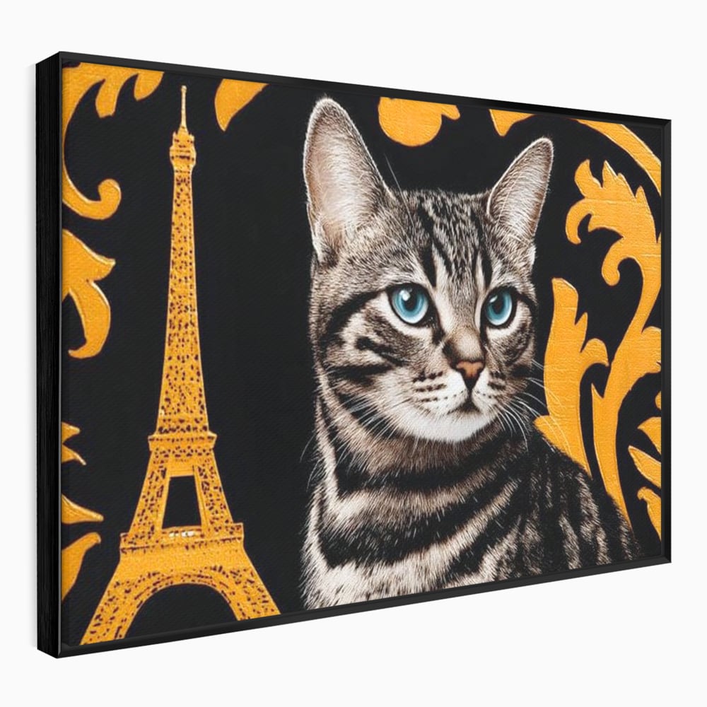 Tablou canvas cu tablou canvas cu pisica si turnul eiffel, in rama de aluminiu negru